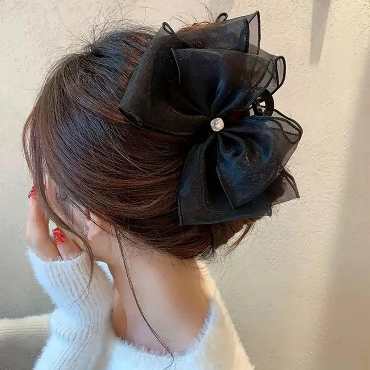 Große Schwarze Tüllschleife Haarklammer Damen Hair Clip Strasssteine Haarspange