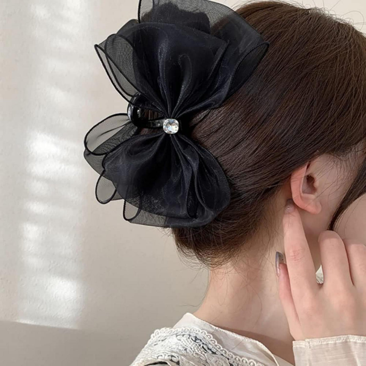 Schwarze Tüllschleife Haarklammer Groß Damen Hair Clip Strasssteine Haarspange