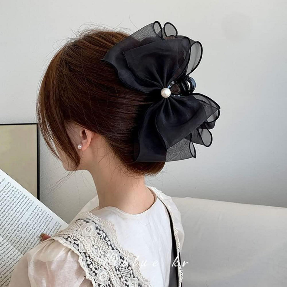 Schwarze Tüllschleife Haarklammer Groß Damen Hair Clip Strasssteine Haarspange