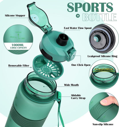 Sport Trinkflasche BPA-frei 1L Auslaufsicher Ideal Fitness Schule Büro