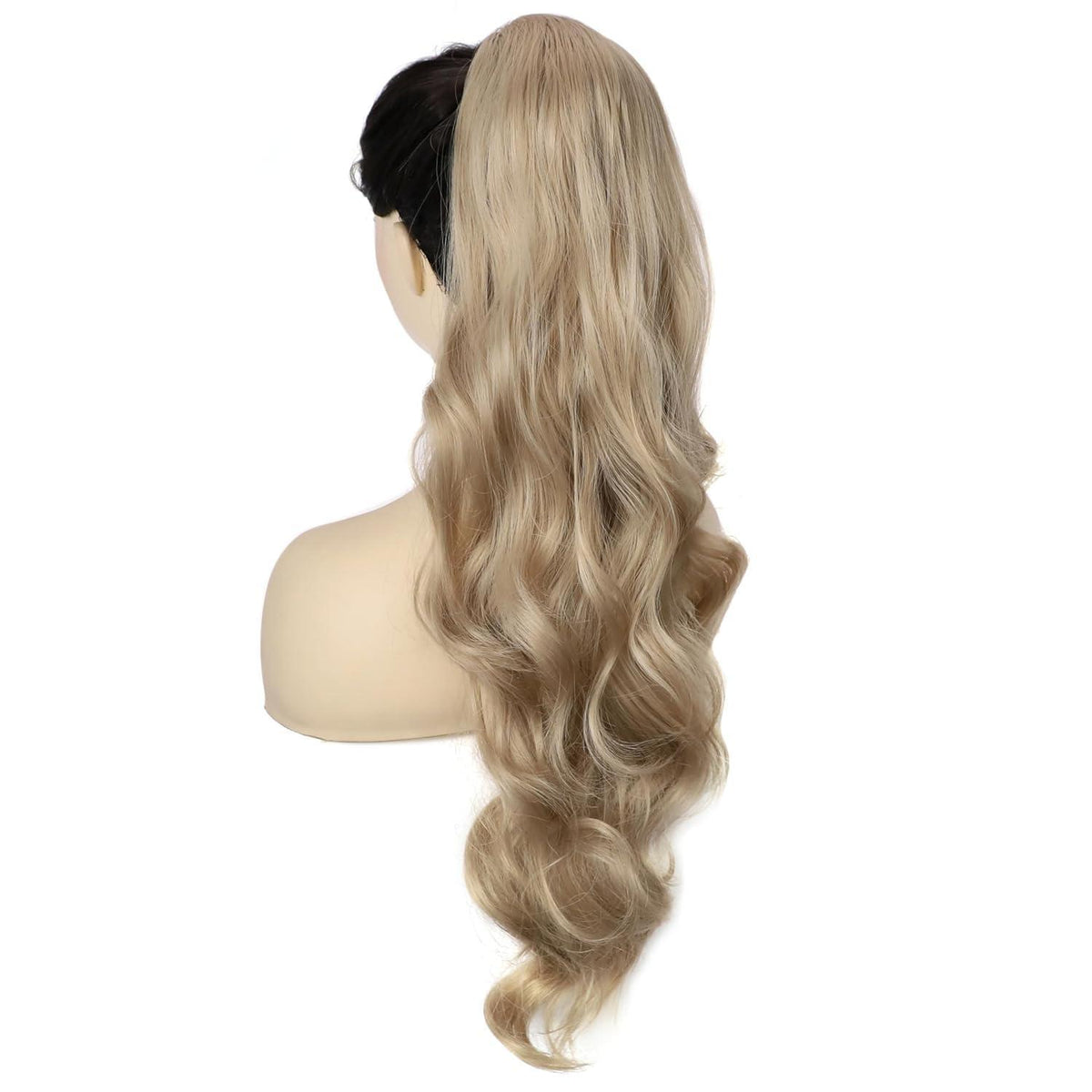 Langer, aschblonder Pferdeschwanz mit Locken und Kordelzug
