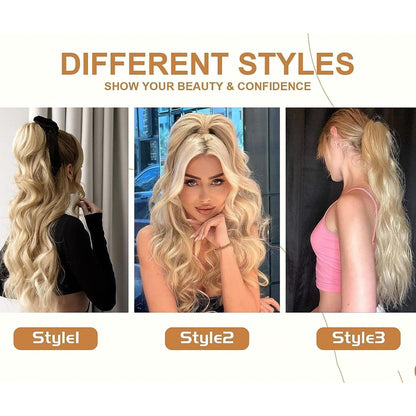 Langer, aschblonder Pferdeschwanz mit Locken und Kordelzug
