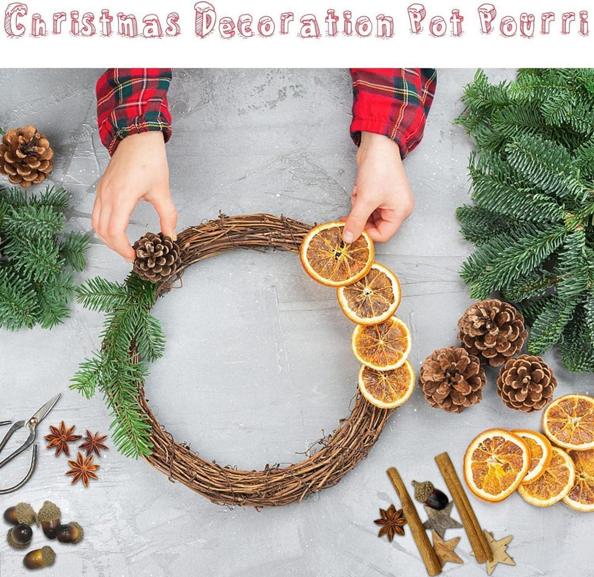 52-teiliges Weihnachtsdeko Adventskranz Set Naturdeko mit Ölkiefer Orangenscheiben Apfelschnitze Zimtschnecken Sternanis Eichel Birke