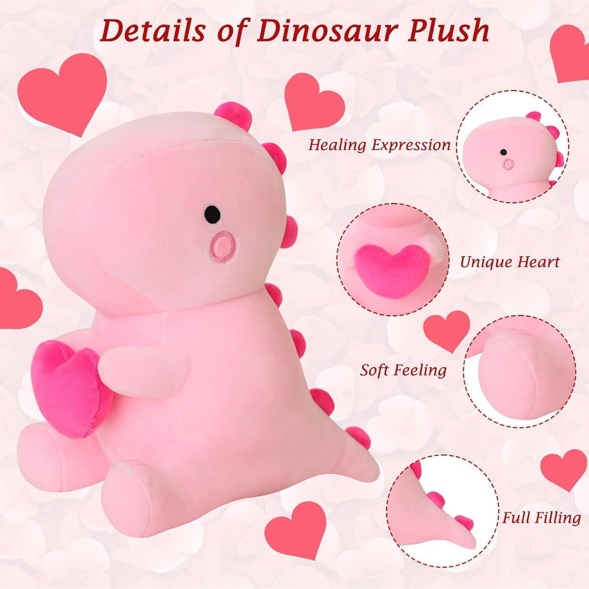 Plüschtier Dinosaurier mit Herz, Kuscheltier 50cm Rosa