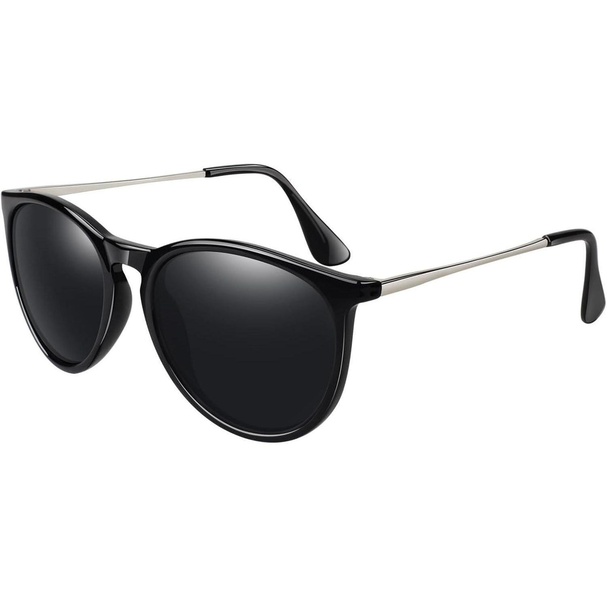 Polarisierte Retro Sonnenbrille Damen Vintage Rund UV400 Schutz Glänzend Schwarz Grau