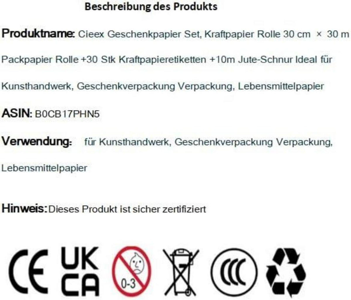 Kraftpapier Set 30 cm × 30 m +30 Kraftpapieretiketten +Jute-Schnur