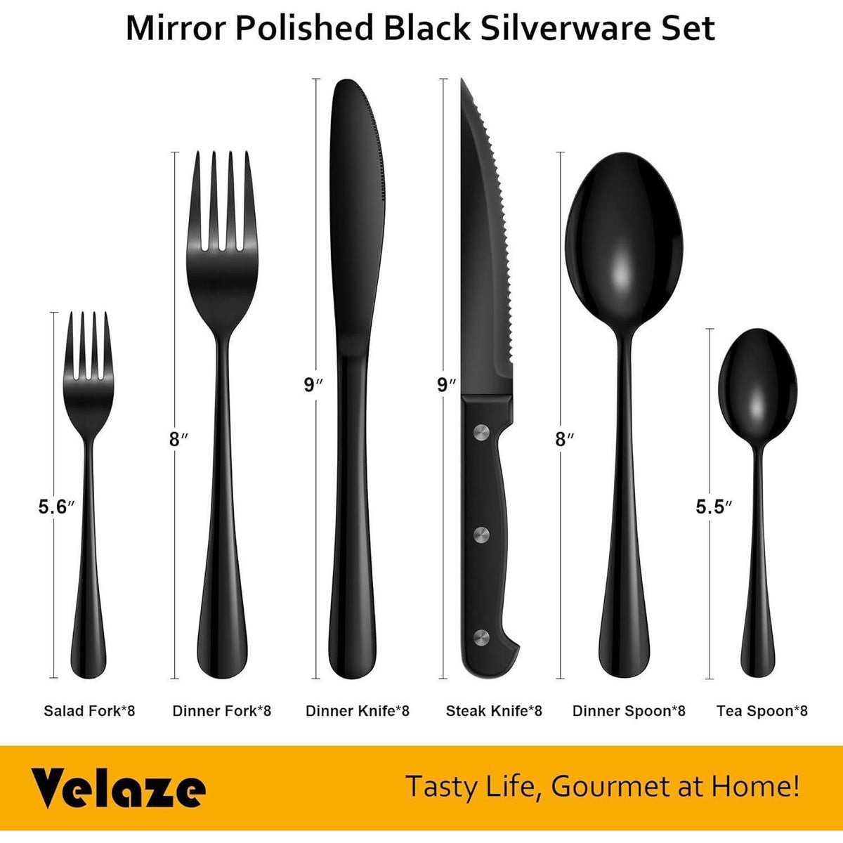 Besteckset Schwarz 48 Teile für 8 Personen mit Steakmessern