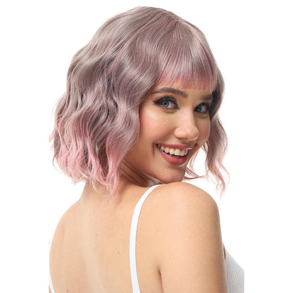 Rosa Ombre Lockige Bob Perücke mit Pony – Cosplay Perücke Damen
