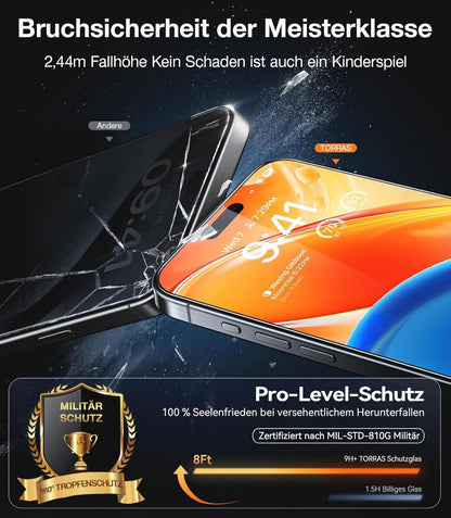TORRAS iPhone 15 Pro Panzerglas Full Screen 9H+ Bruchsicher 2er Pack