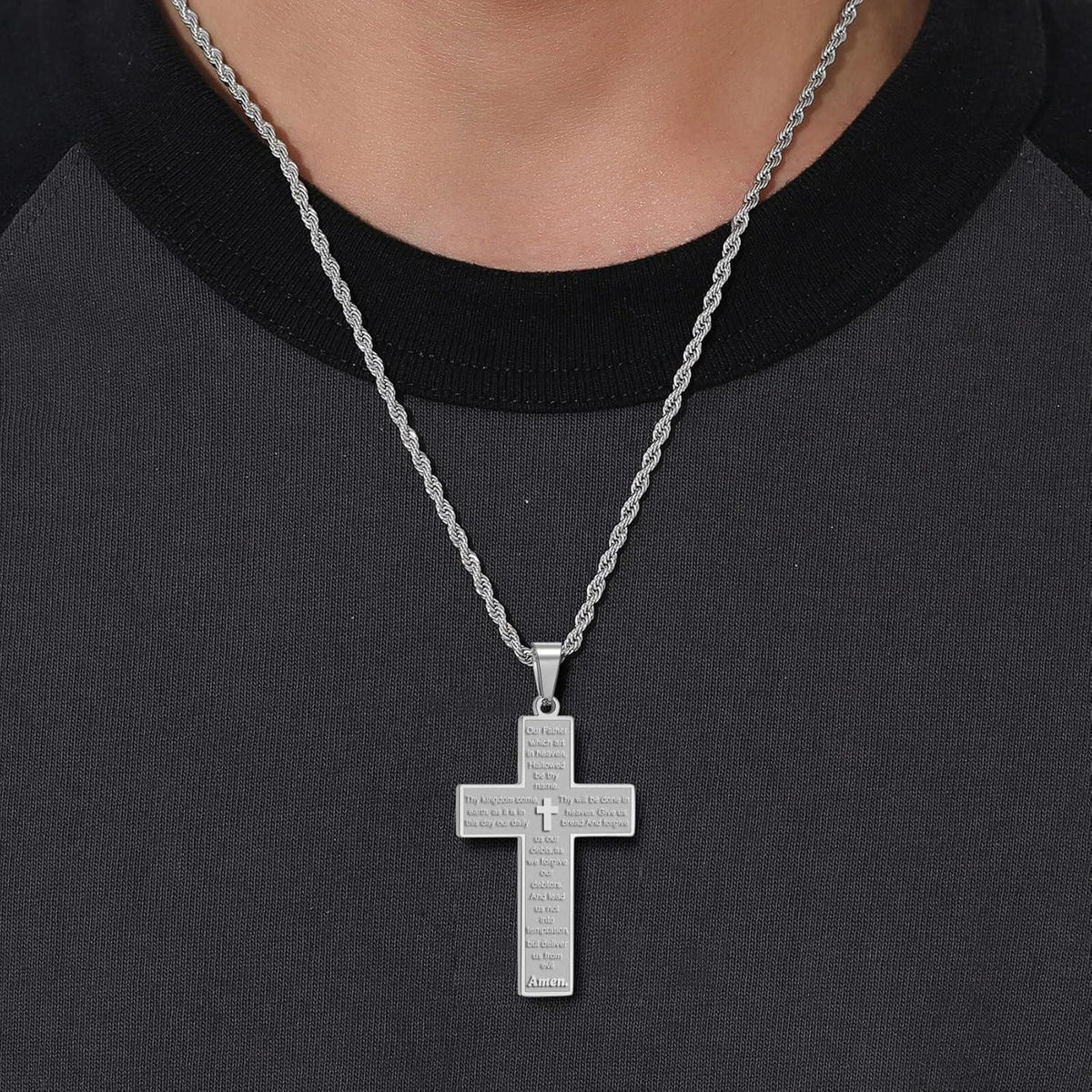 Kreuzkette Herren Silber Gold Schwarz mit Bibelvers Anhänger