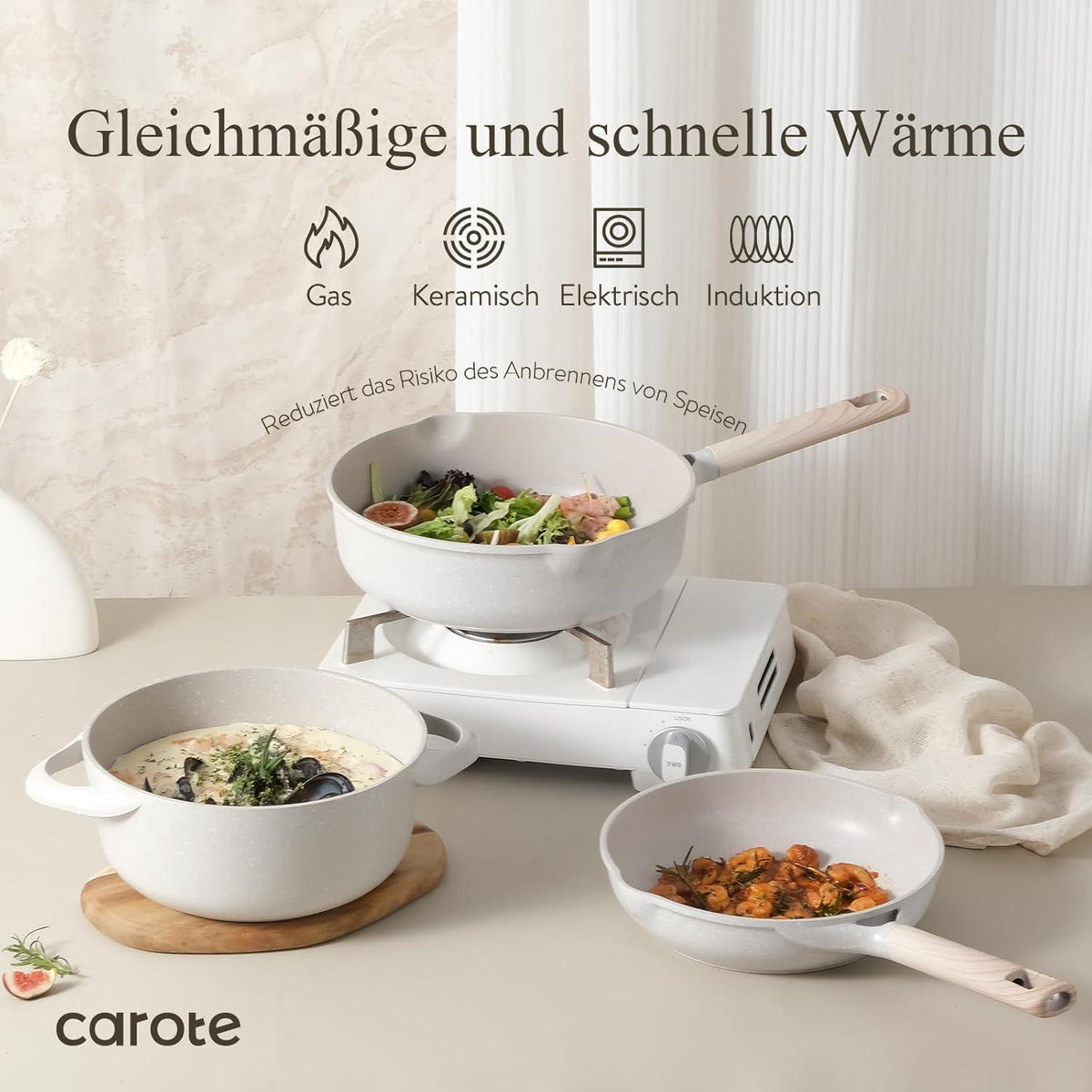 CAROTE 6-teiliges Topf- und Pfannenset, Pfannen 24/20cm, Stielkasserolle 1.5L