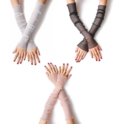 Damen Armstulpen Spitze Mesh Lang Weiß Rosa Schwarz Sonnenschutz