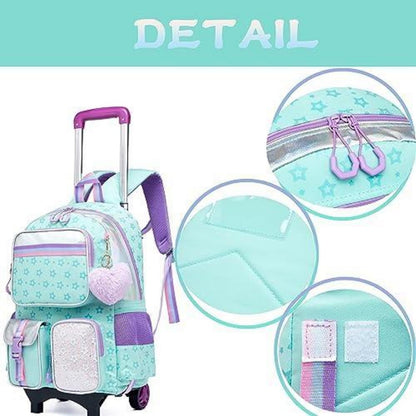 Kinder Trolley Rucksack mit Rädern – Schulranzen Mädchen Grün Pentagramm