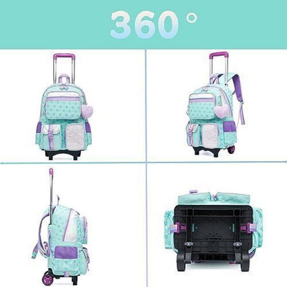 Kinder Trolley Rucksack mit Rädern – Schulranzen Mädchen Grün Pentagramm