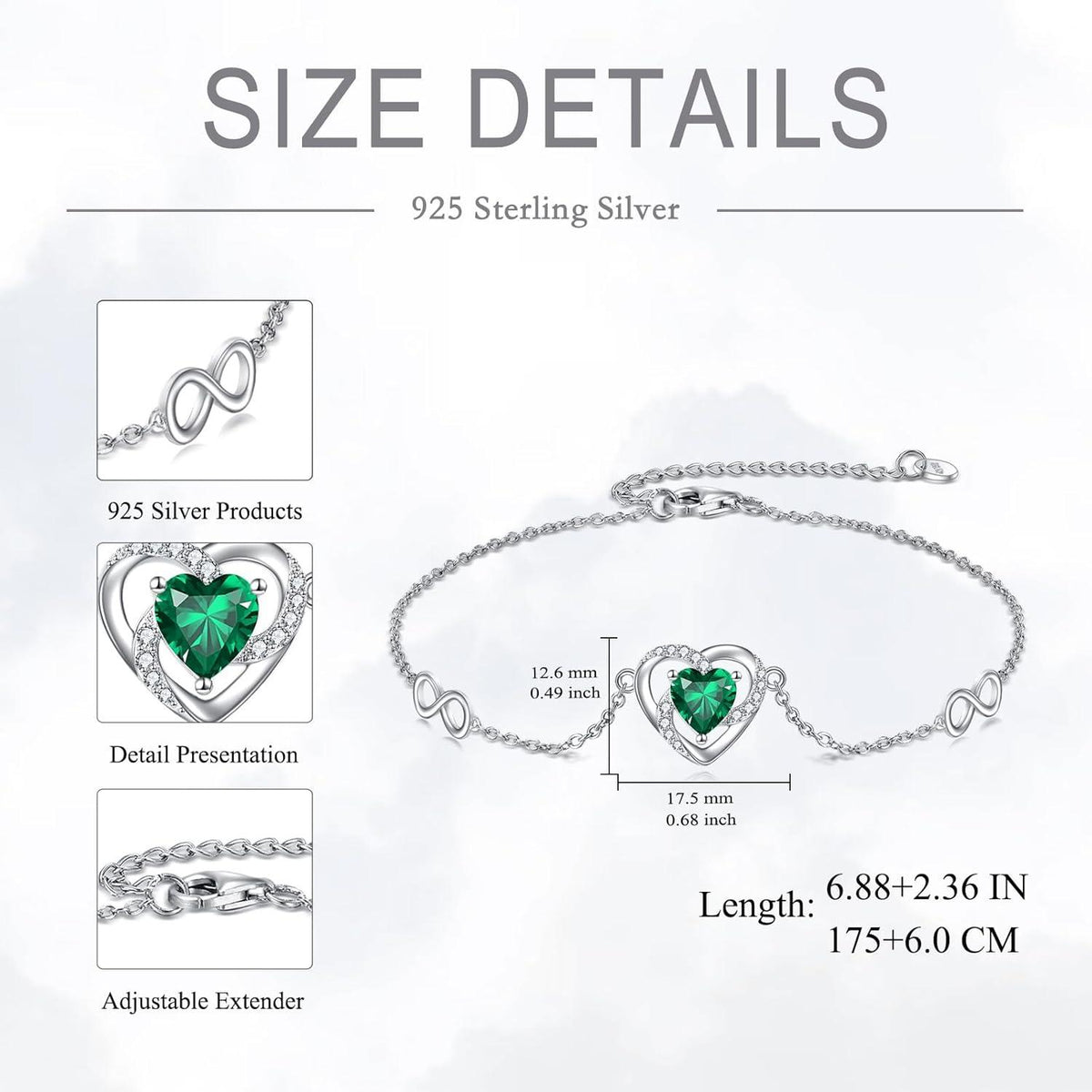 Smaragd Herz Armband mit Unendlichkeitszeichen für Damen