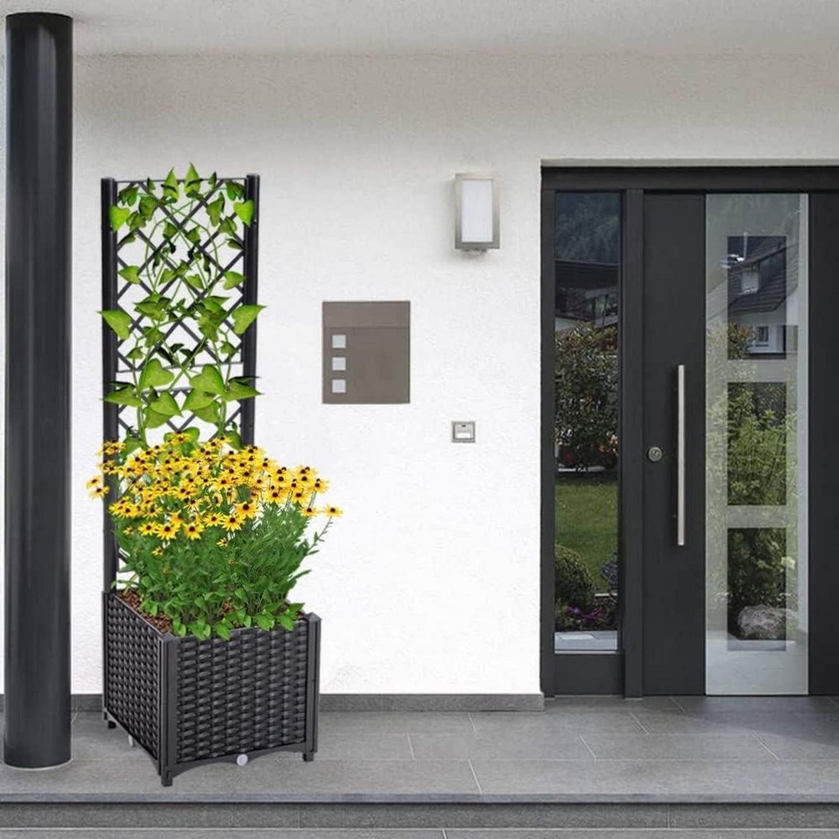 Mingone Pflanzkübel Spalier Rattan Selbstbewässerung Garten Schwarz 40x40x136cm