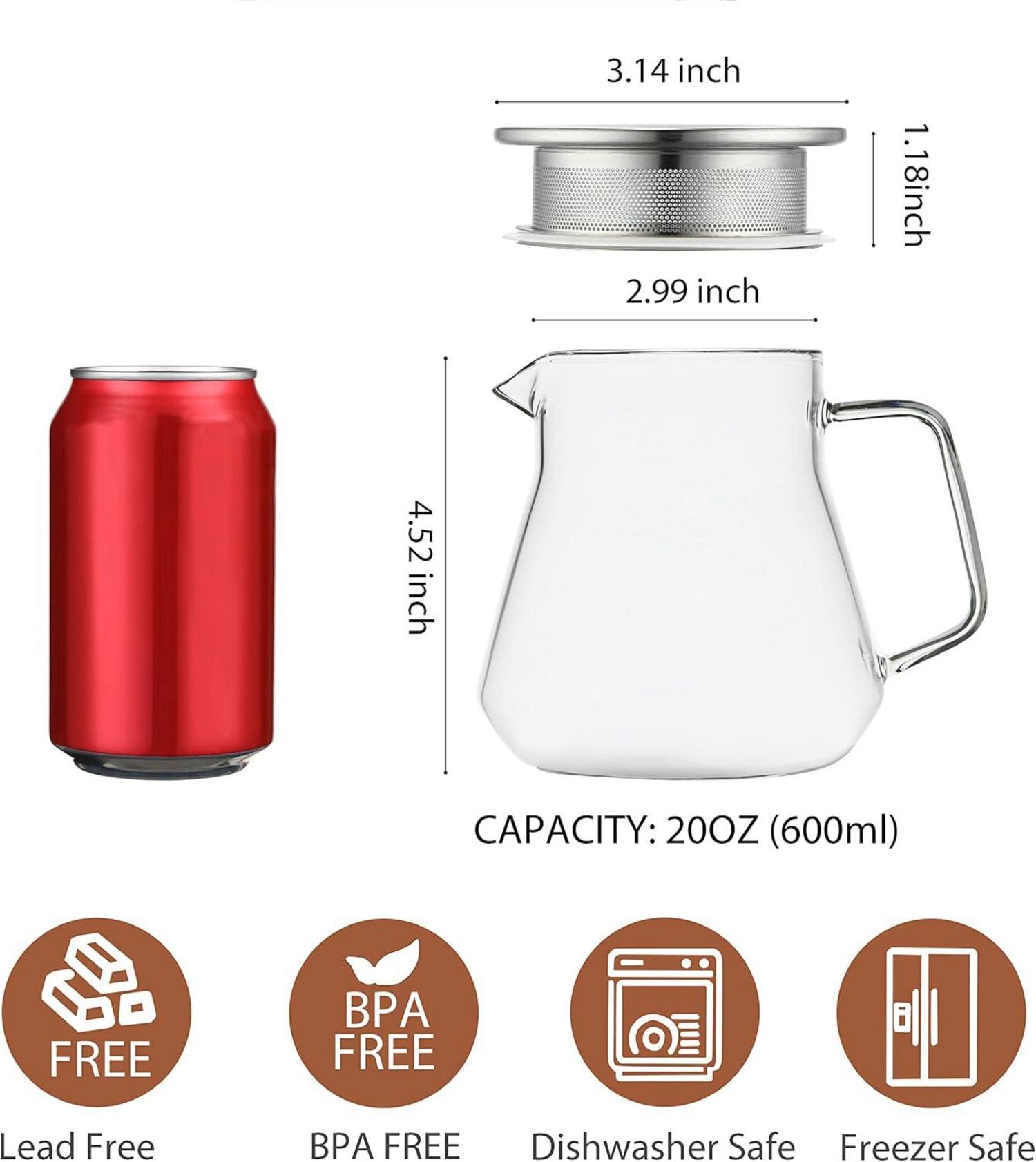 Glas Teekanne 600ml mit Edelstahl Filterdeckel