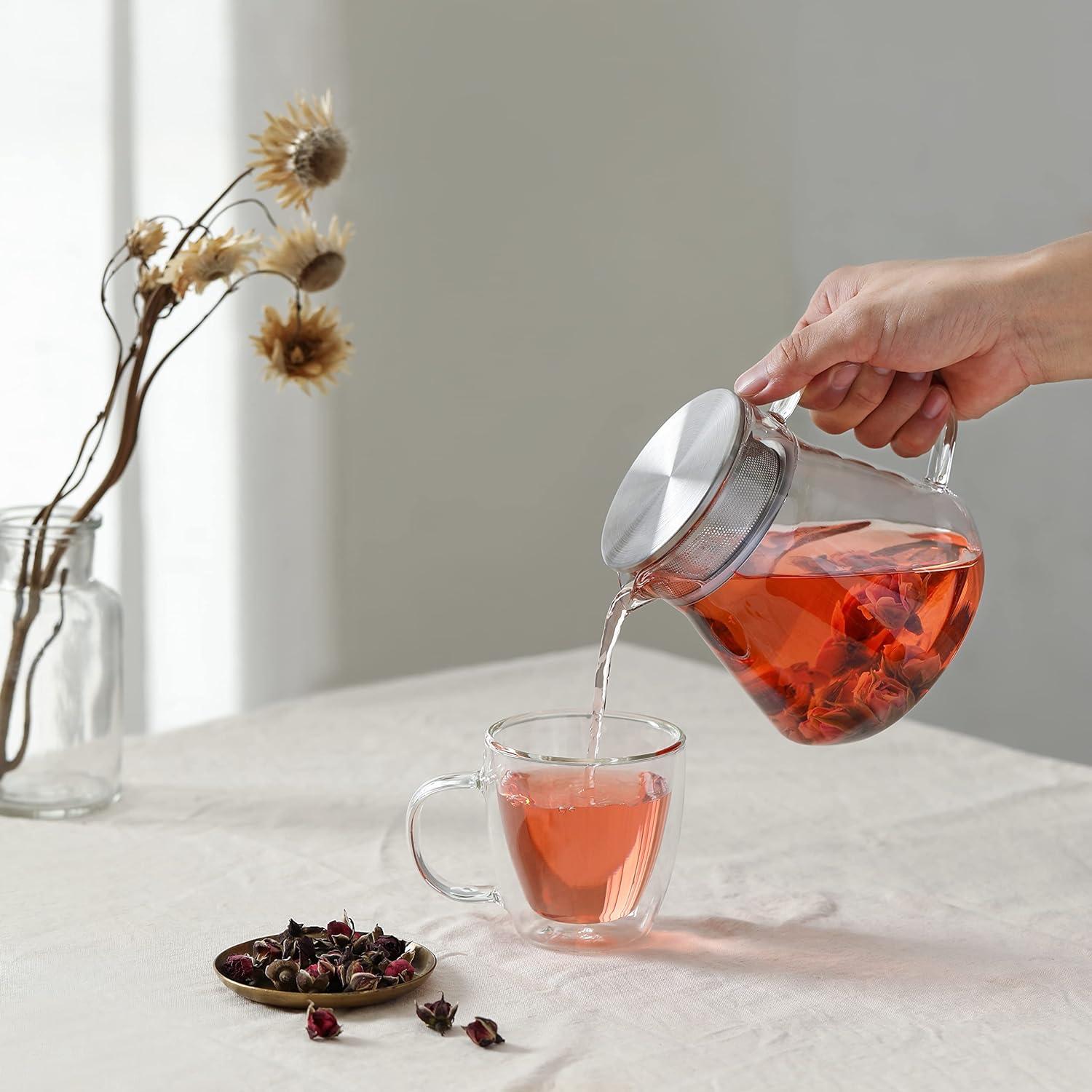 Glas Teekanne mit Edelstahl-Filterdeckel 600ml Herdfester Teebereiter