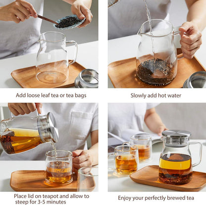 Glas-Teekanne mit Sieb 800ml Abnehmbarem Edelstahlsieb Herdsichere