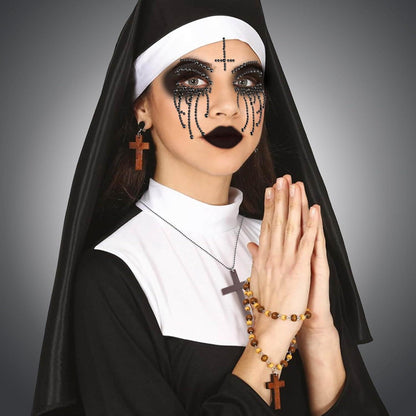 Nonne Kostüm Damen Nonnenhaube Kragen Kreuzkette Tattoo Glitzersteine