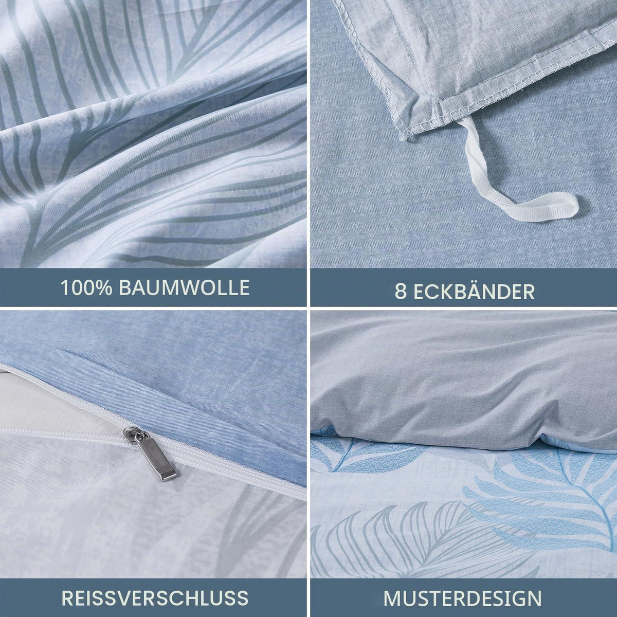 Bettwäsche-Set 200x200 cm Baumwolle Blau Blätter Optik