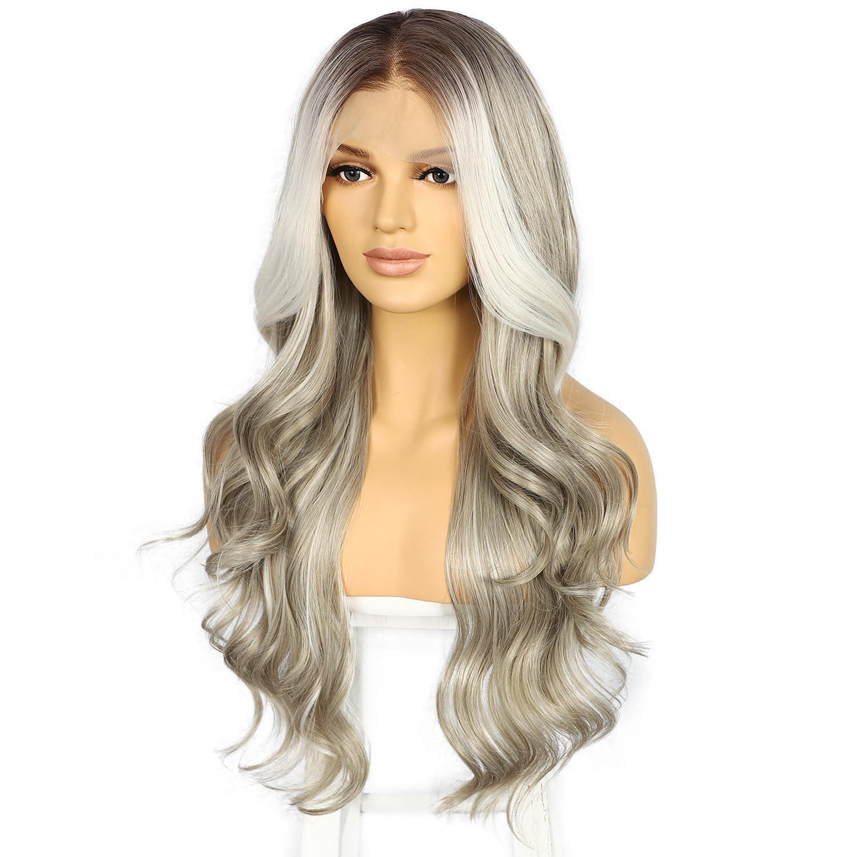 Graue Körperwelle Lace Front Perücke Synthetisch 26 Zoll