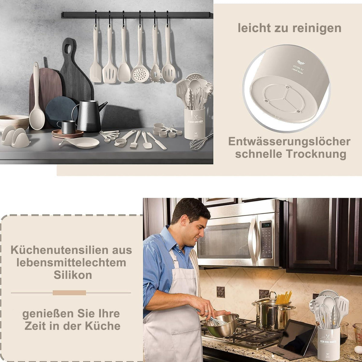 43-teiliges Silikon Küchenhelfer Set Khaki mit Halter