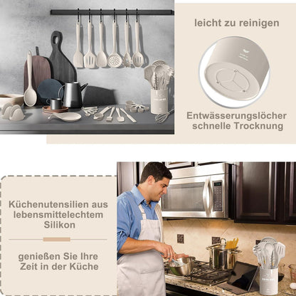 43-teiliges Silikon Küchenhelfer Set Khaki mit Halter