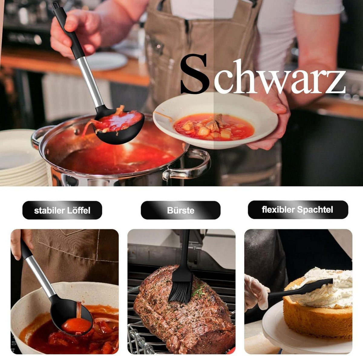 26-teiliges Silikon Kochgeschirr Set mit Edelstahlgriffen und Utensilienhalter - Spülmaschinenfest