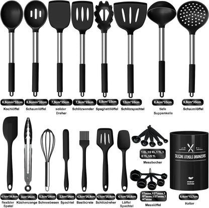 Kochutensilien Set Silikon 26-teilig Hitzebeständig mit Utensilienhalter