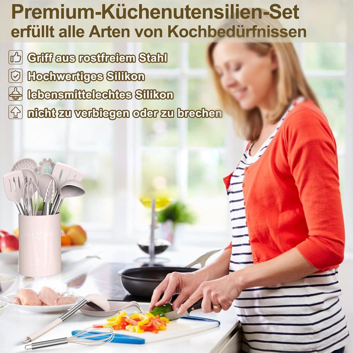34-teiliges Silikon Küchenhelfer Set mit Utensilienhalter, Hitzebeständig Khaki