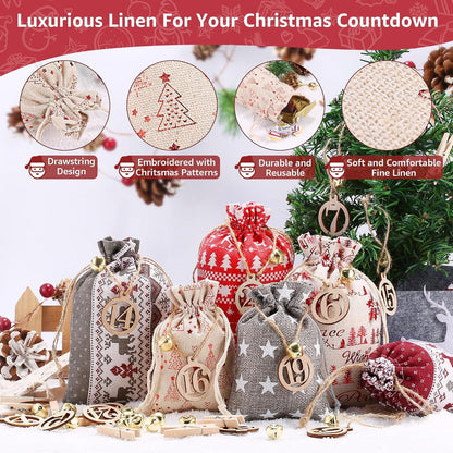 24-teiliger DIY Adventskalender Stoffsäckchen Weihnachtskalender