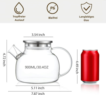 Glas Teekanne 900ML Edelstahldeckel Teekanne mit Teesieb