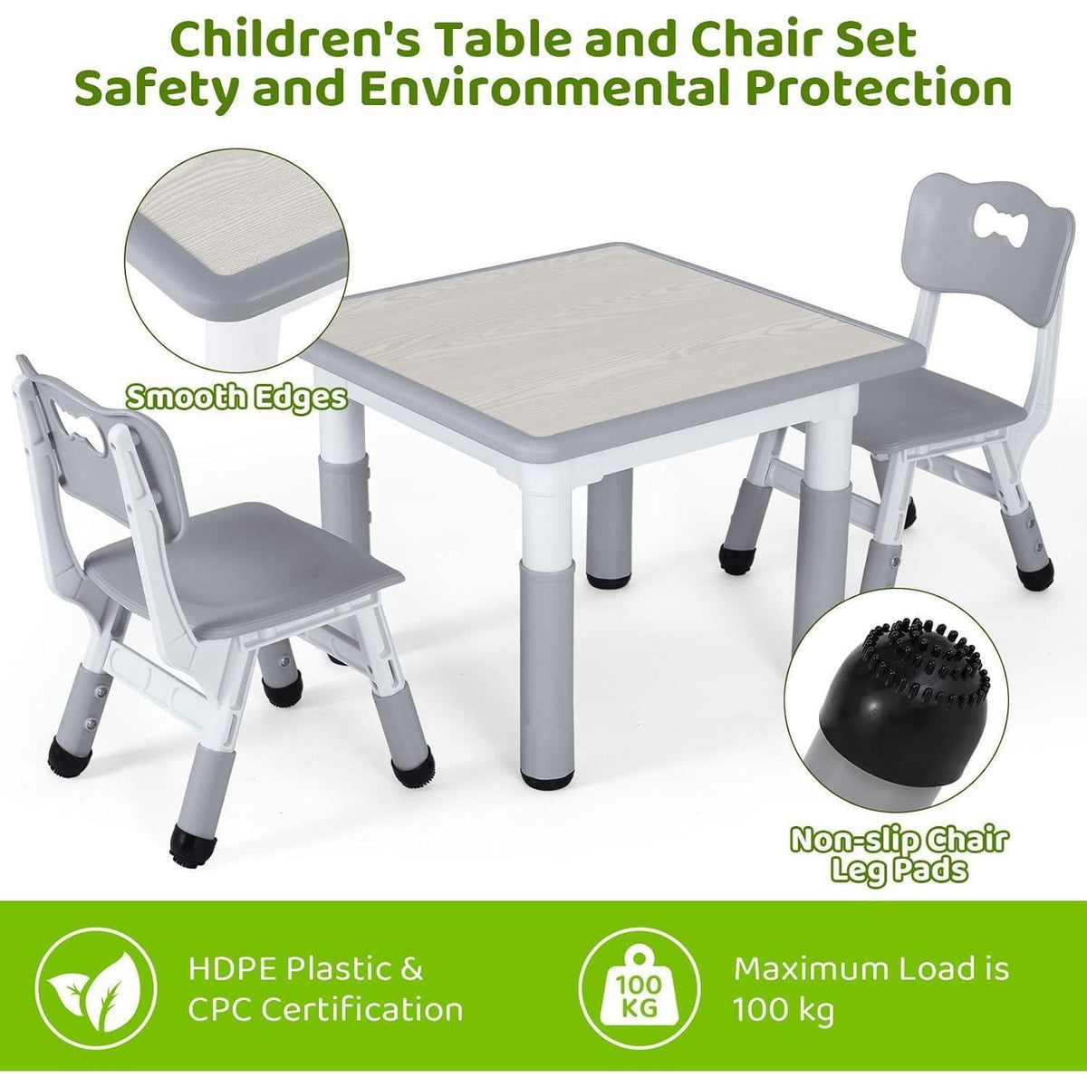Höhenverstellbares Kindertisch-Stuhl-Set Grau Quadratisch