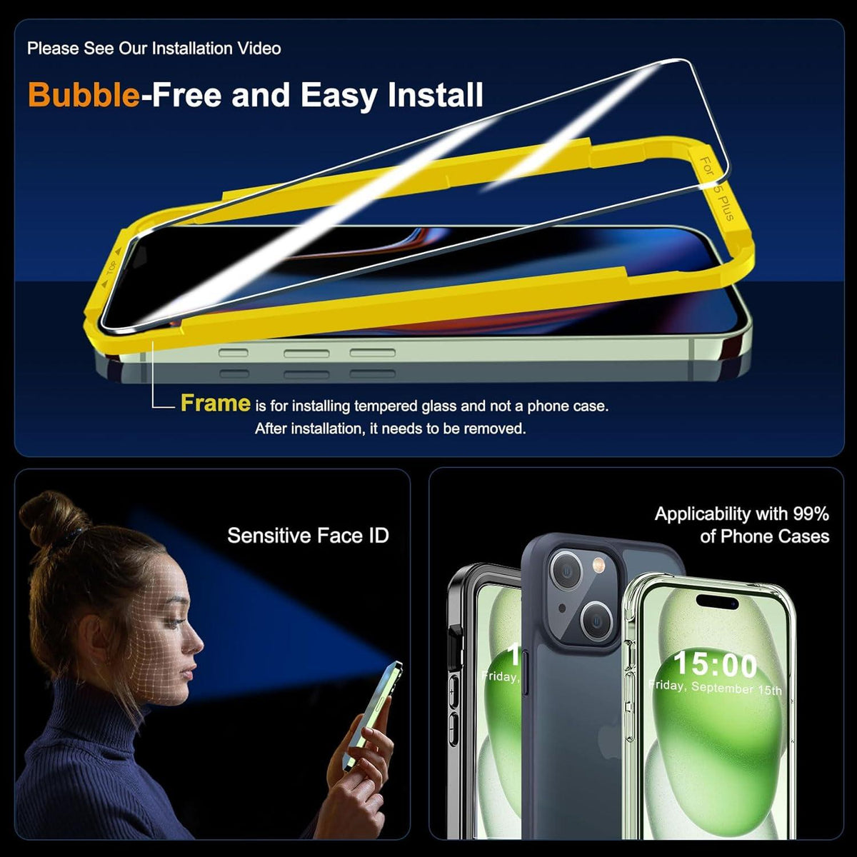 Panzer Schutz Glas für iPhone 15 Plus 6,7 Zoll, 3 Stück