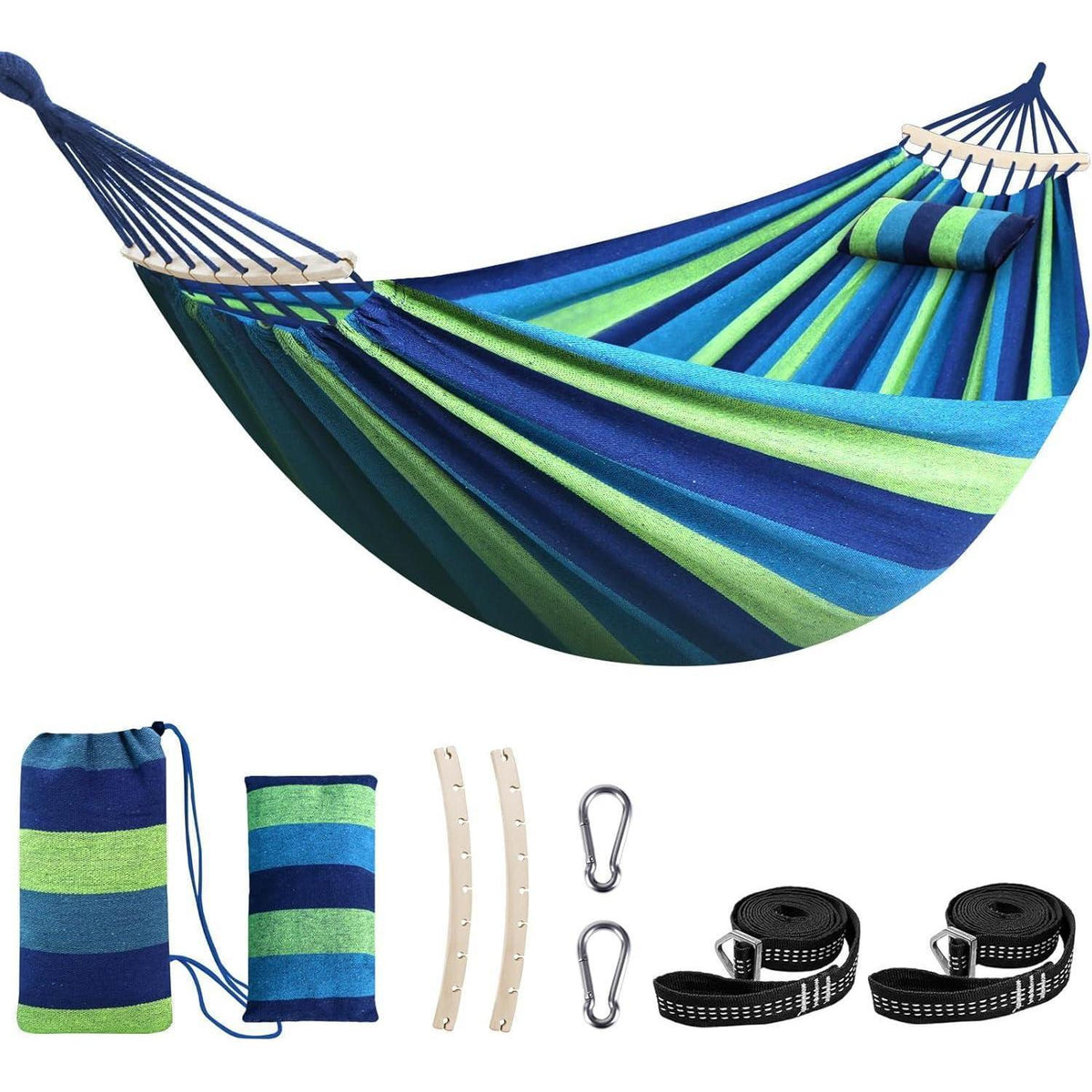 Große Baumwoll-Hängematte mit Spreizstab, Blau/Grün Gestreift