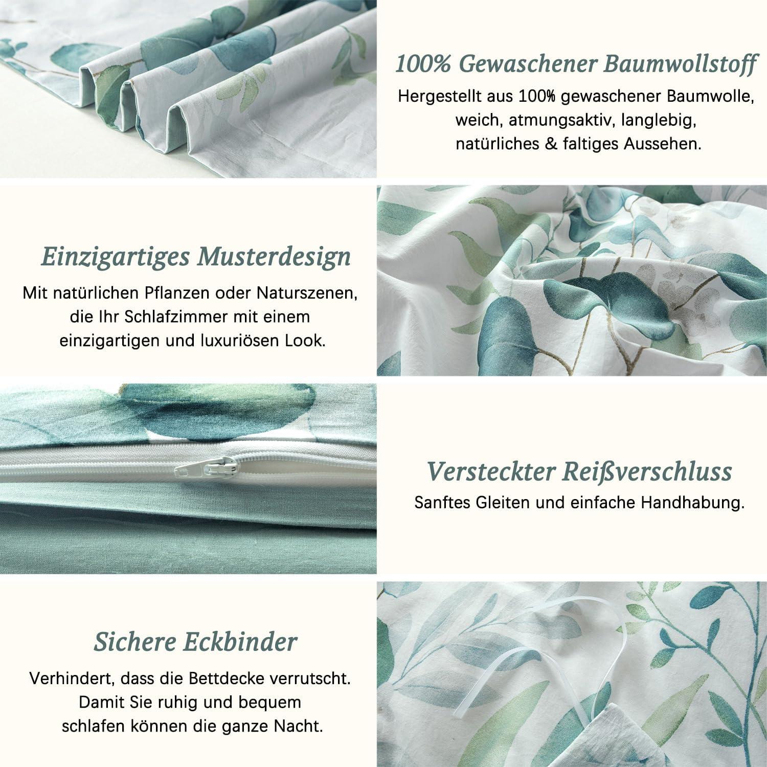 MILDLY Bettwäsche 135x200 Pflanzenmuster 4tlg. 100% Baumwolle Leinenartig Salbeigrün