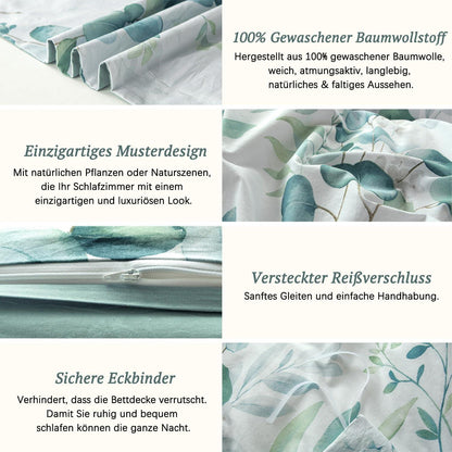 MILDLY Bettwäsche 135x200 Pflanzenmuster 4tlg. 100% Baumwolle Leinenartig Salbeigrün