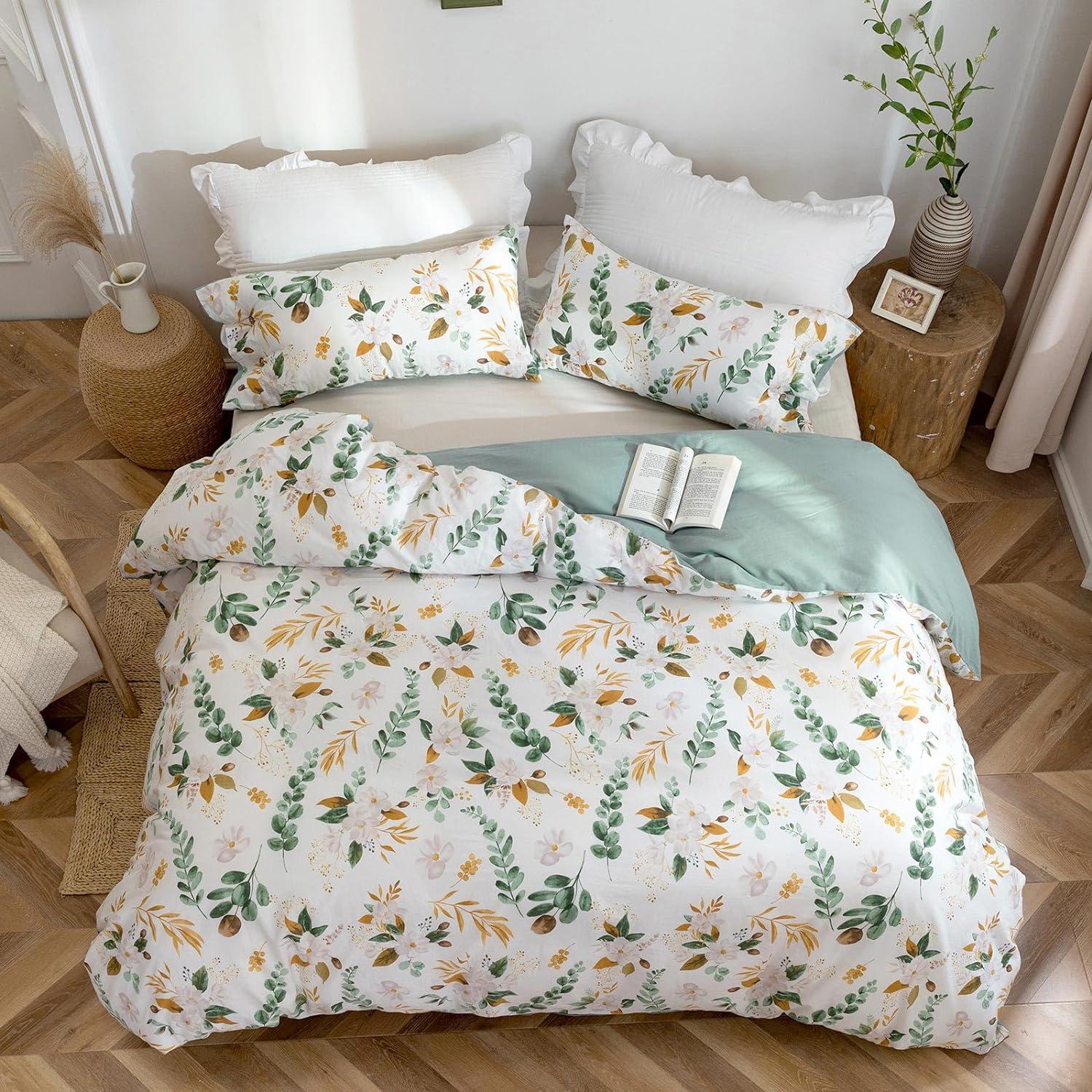Bettwäsche 100% Baumwolle Pflanzenmuster Leinenartigem Griff ÖkoTex