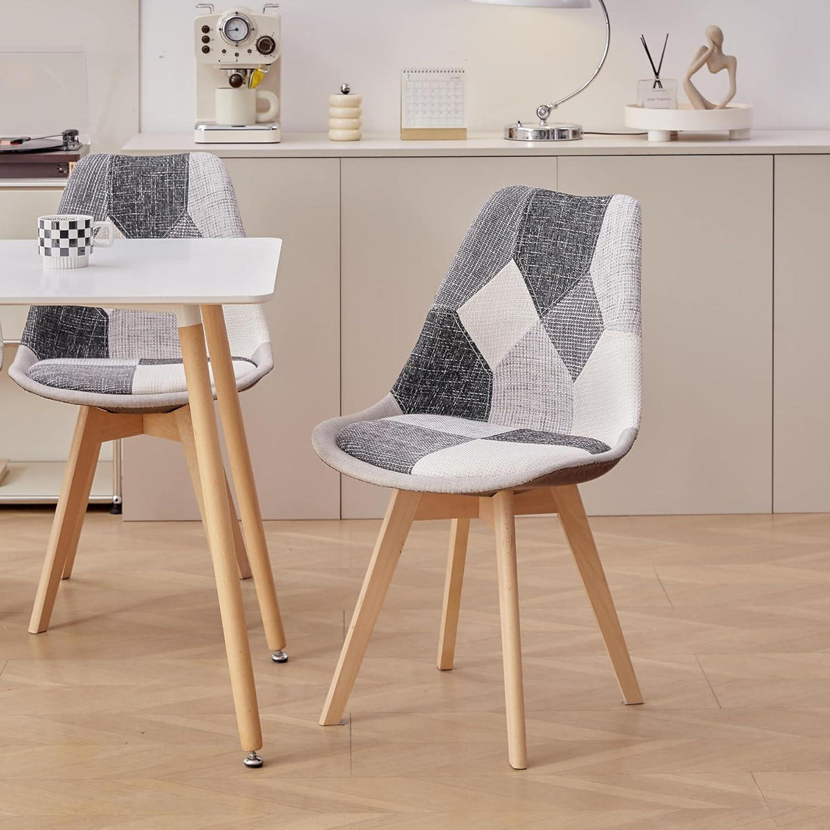 Patchwork Esszimmerstühle Set (8) – Grau & Abnehmbare Kissen