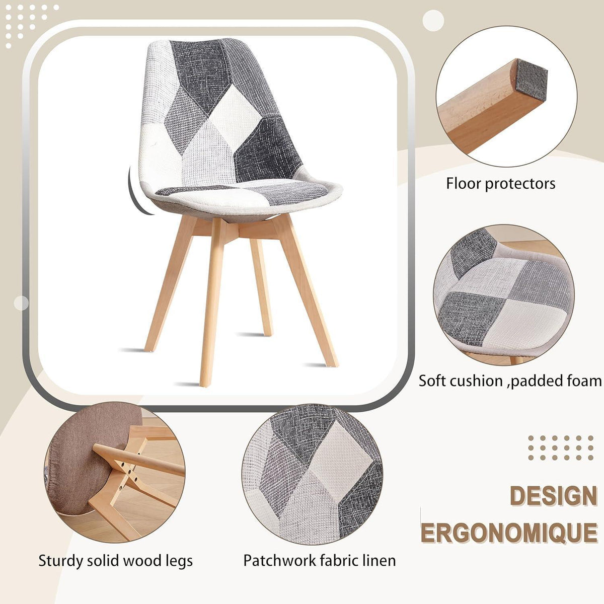 Patchwork Esszimmerstühle Set Grau | Bequeme Sitzkissen & Massivholz