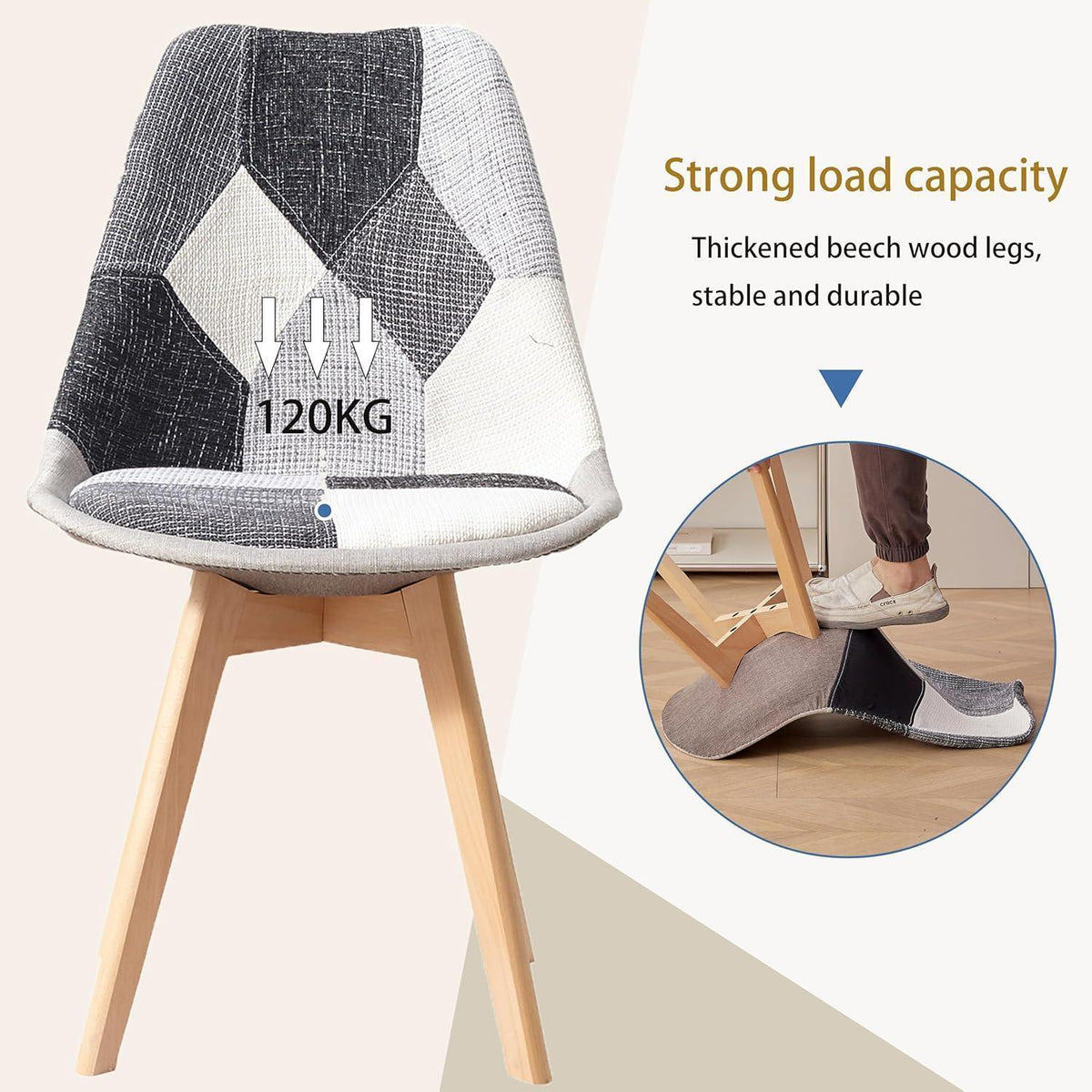 Patchwork Esszimmerstühle Set Grau | Bequeme Sitzkissen & Massivholz