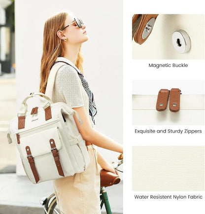 Großer Damen Laptop Rucksack 15,6 Zoll Beige Wasserdicht Backpack Uni Arbeit