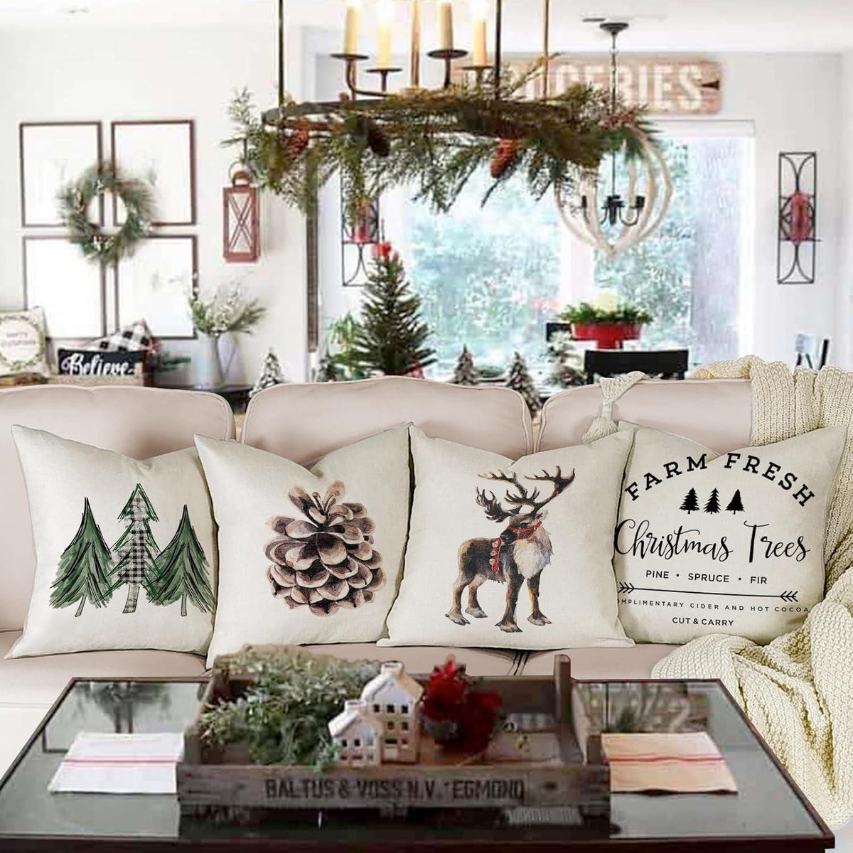Weihnachten Kissenbezug 45x45 Leinen 4er Set Dekokissen Sofa