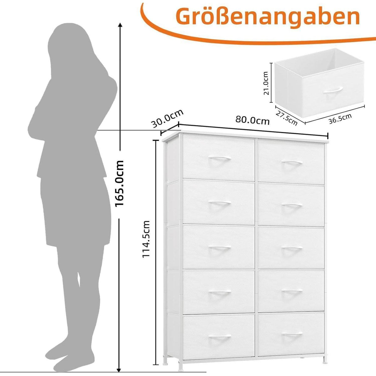 Kommode mit 10 Stoffschubladen, Weiß – Schlafzimmer Organizer