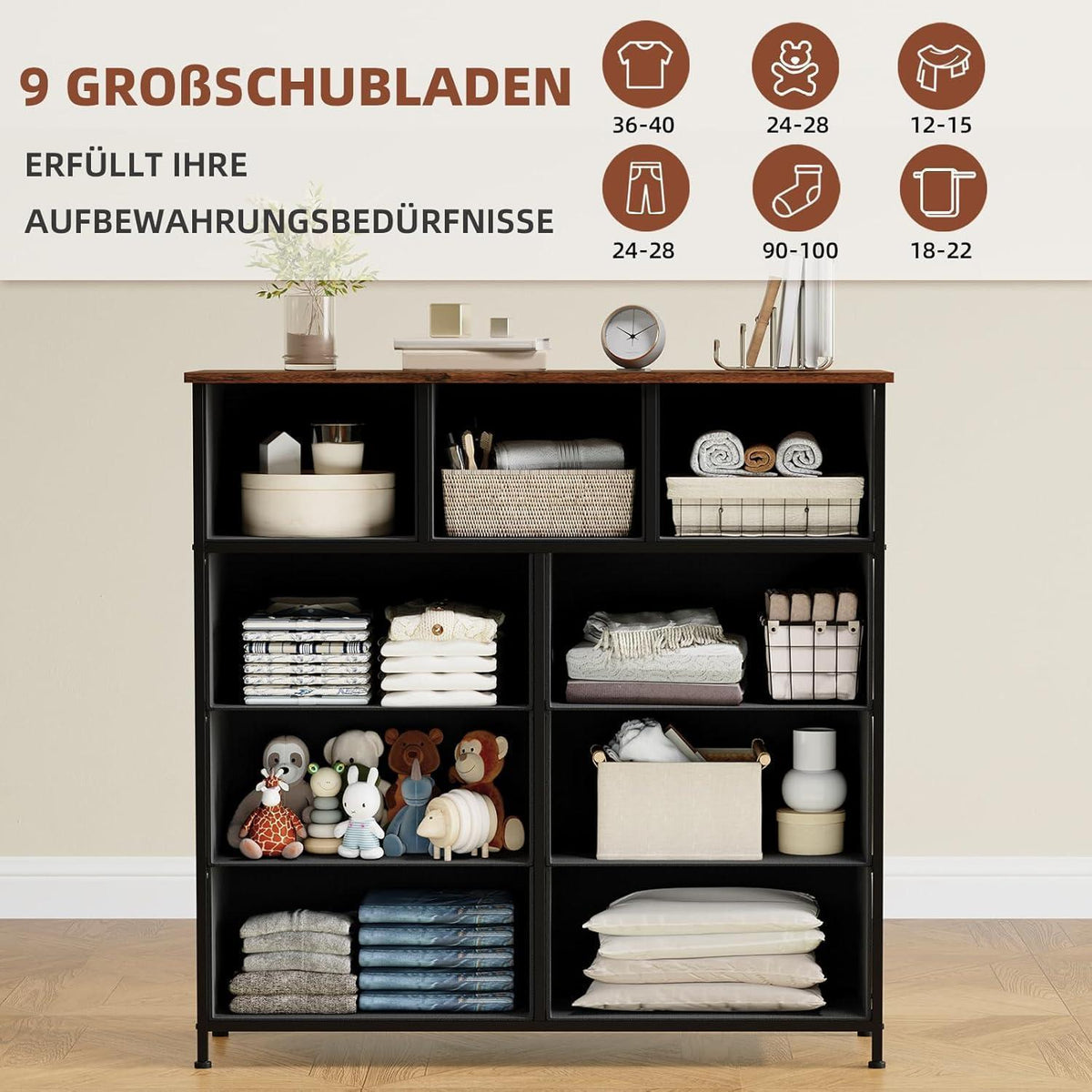 Kommode mit 9 Stoffschubladen – Schlafzimmer Organizer