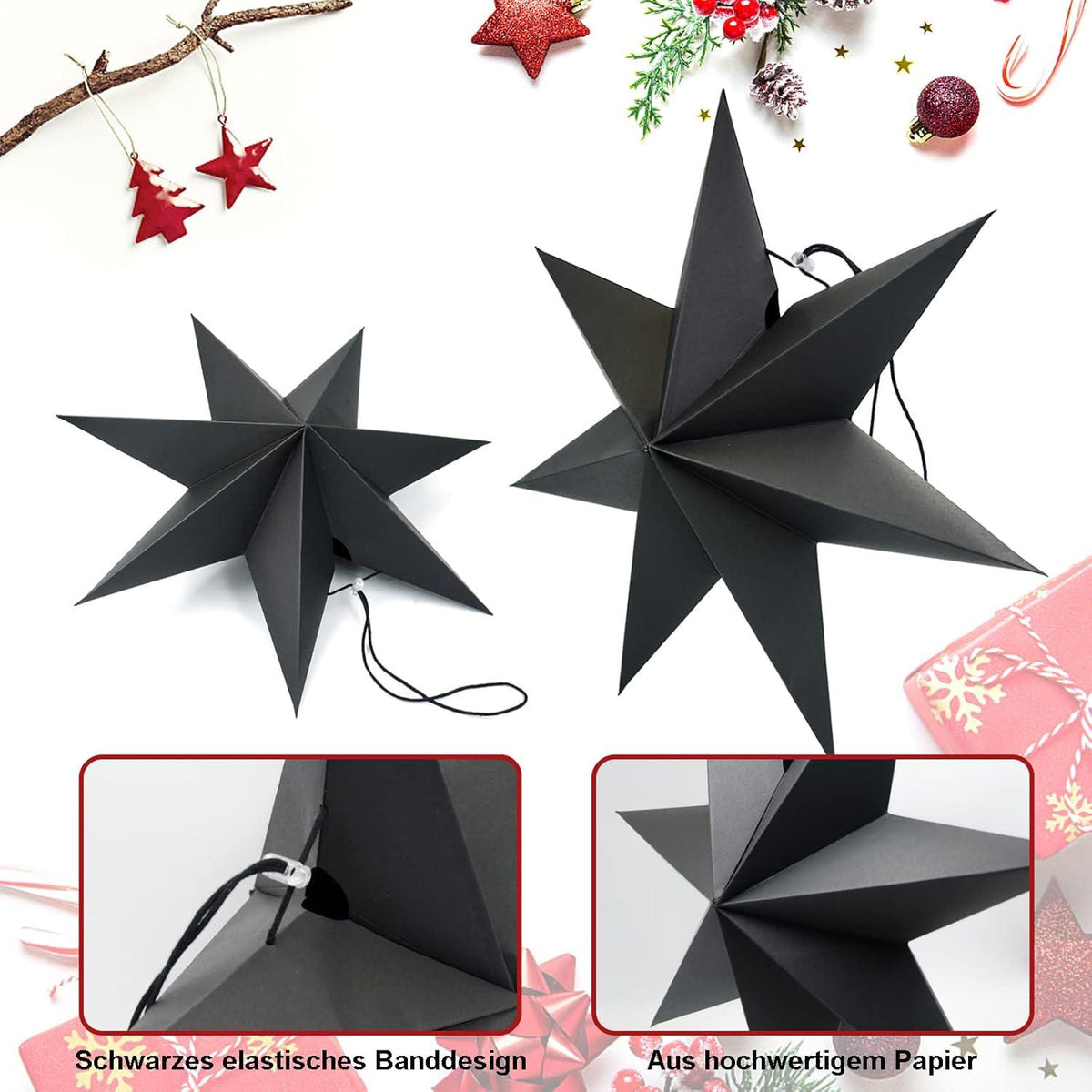 Faltsterne Weihnachten Set -7 Zacken Papiersterne Schwarz 25cm 40cm