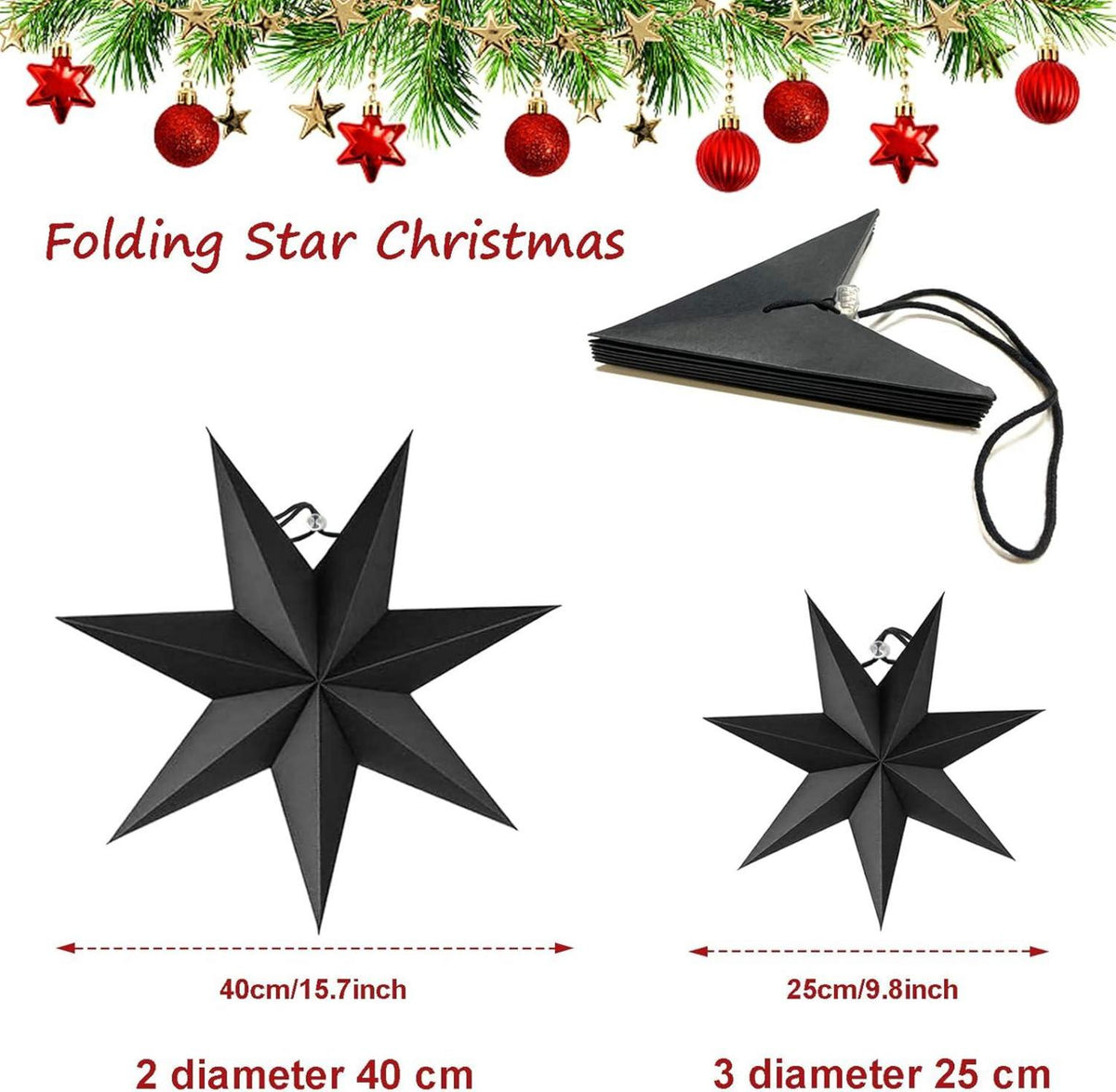 Faltsterne Weihnachten 5er Set 7 Zacken 25cm 40cm Schwarz Deko Türen Baum Advent
