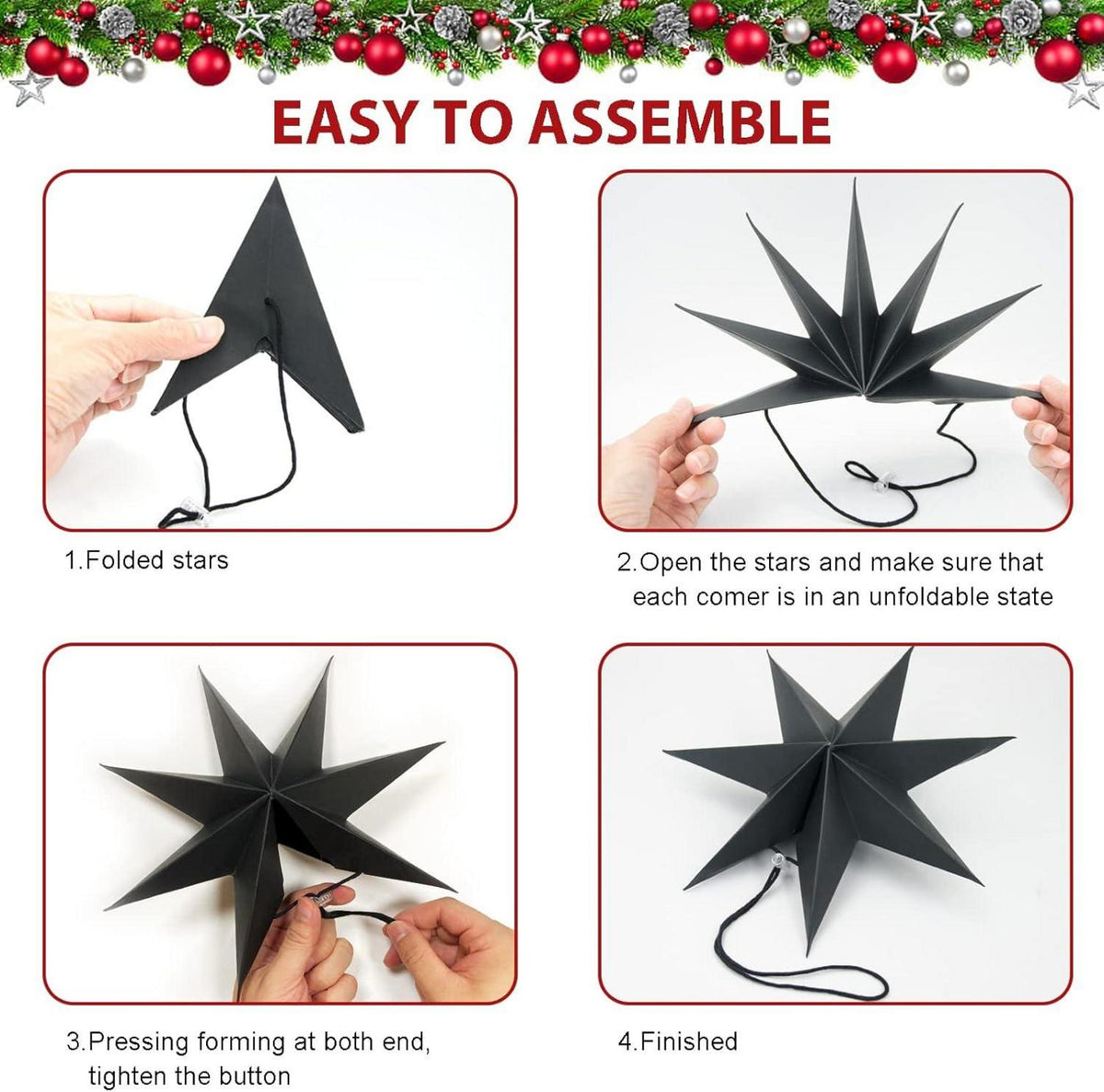 Faltsterne Weihnachten Schwarz 5er Set Papiersterne 25cm 40cm