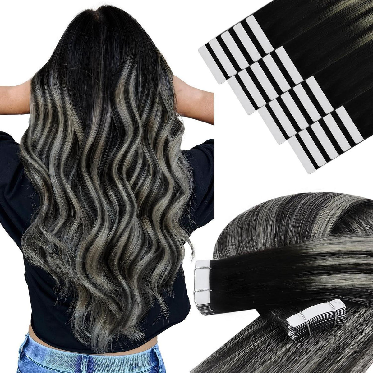 Tape-In Haarverlängerung Ombre Schwarz Silber 55cm Echthaar